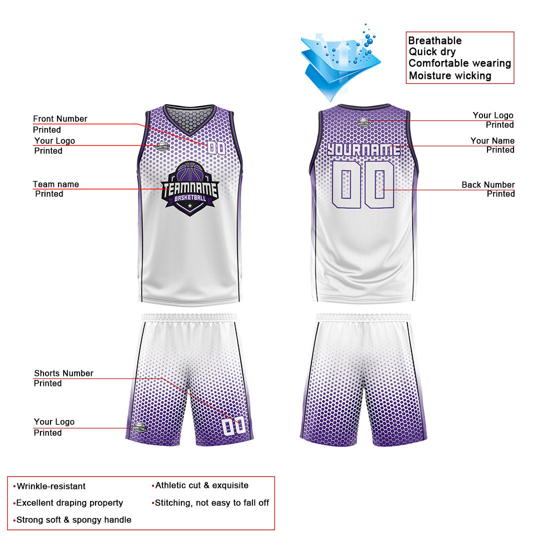 Traje de baloncesto reversible personalizado blanco-morado y negro para adultos y niños