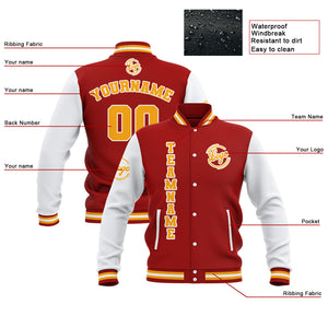 Chaquetas universitarias impermeables personalizadas en rojo-blanco y amarillo con nombre-número y logotipo bordados