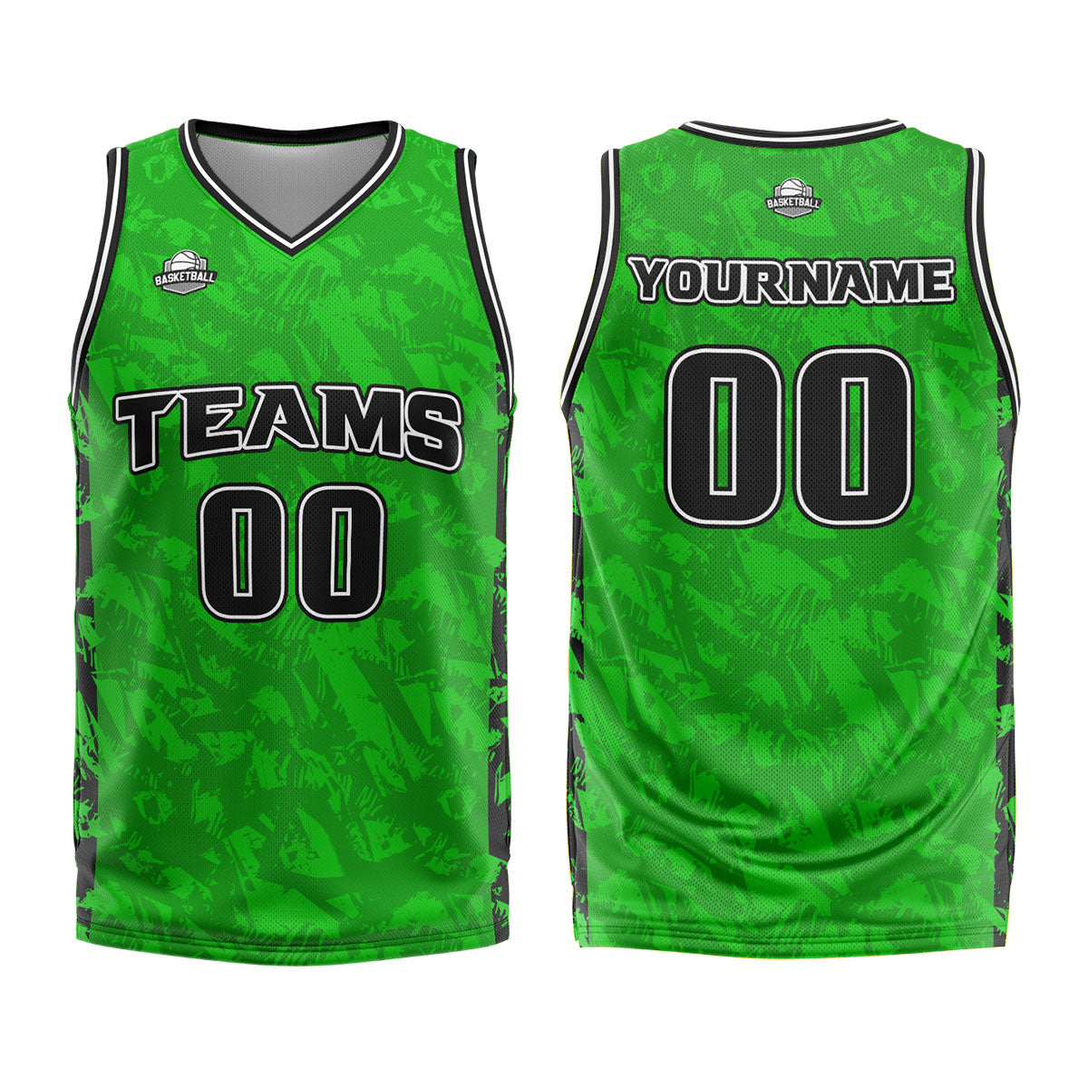 Uniforme de baloncesto personalizado en verde roto y negro con tu logotipo-nombre y número impresos
