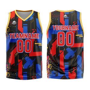 Uniforme de baloncesto rojo royal con geometría personalizada-estampado con tu logotipo-nombre y número