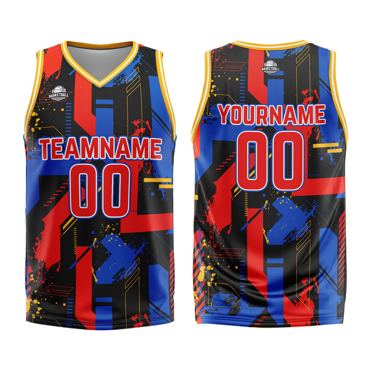 Uniforme de baloncesto rojo royal con geometría personalizada-estampado con tu logotipo-nombre y número