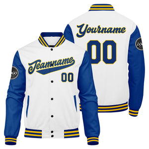 Chaqueta universitaria personalizada estilo Letterman para hombres-mujeres y jóvenes-color azul rey y amarillo
