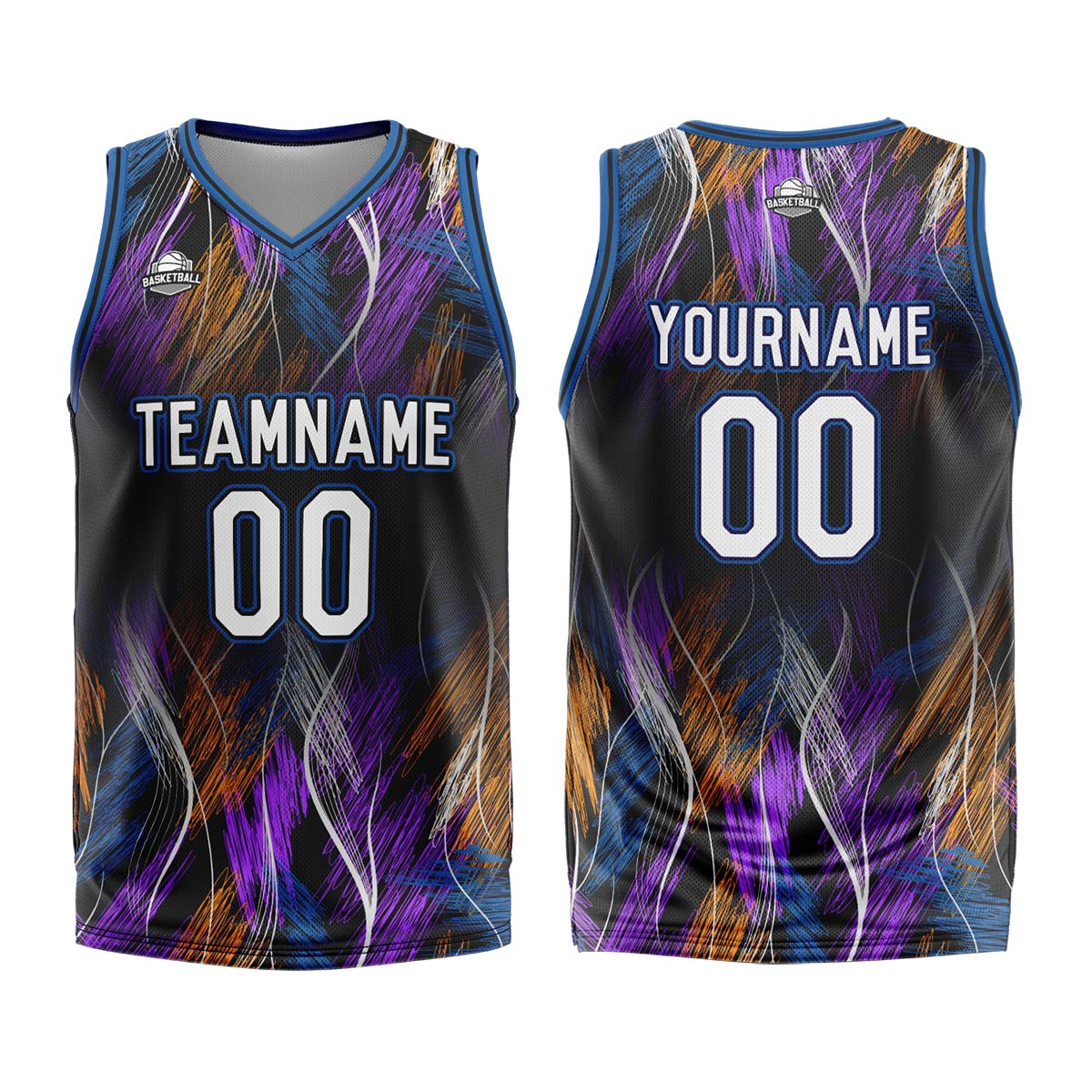 Uniforme de baloncesto personalizado en negro y azul con tu logotipo-nombre y número impresos