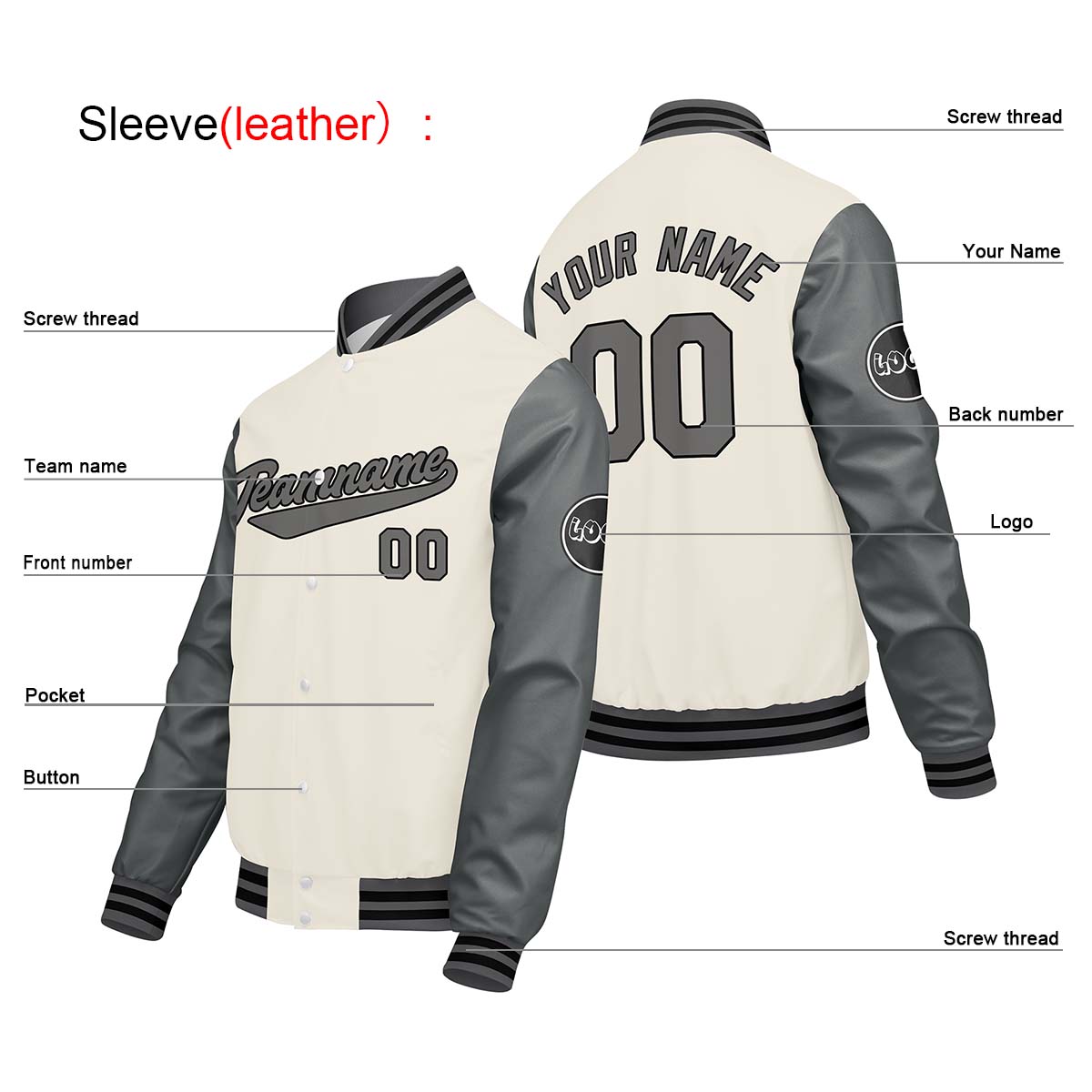 Chaquetas universitarias personalizadas en gris claro & crema y blanco para hombres & mujeres y jóvenes & Chaquetas Letterman personalizadas