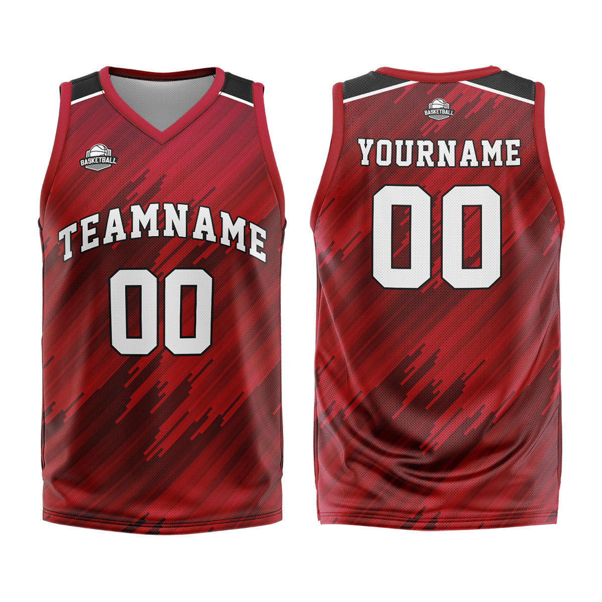 Uniforme de baloncesto rojo tipo rayas personalizado con su logotipo-nombre y número impresos
