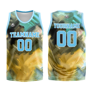 Uniforme de baloncesto personalizado azul claro y amarillo con tu logotipo-nombre y número impresos