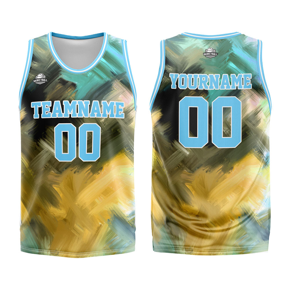 Uniforme de baloncesto personalizado azul claro y amarillo con tu logotipo-nombre y número impresos