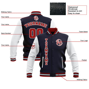 Chaquetas universitarias impermeables personalizadas en azul marino-blanco y rojo con nombre-número y logotipo bordados a medida