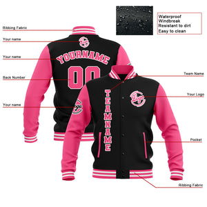 Chaquetas universitarias impermeables personalizadas en negro-rosa y blanco con nombre-número y logotipo bordados