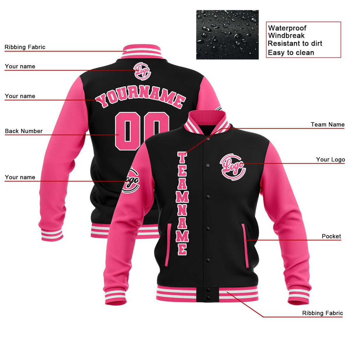 Chaquetas universitarias impermeables personalizadas en negro-rosa y blanco con nombre-número y logotipo bordados