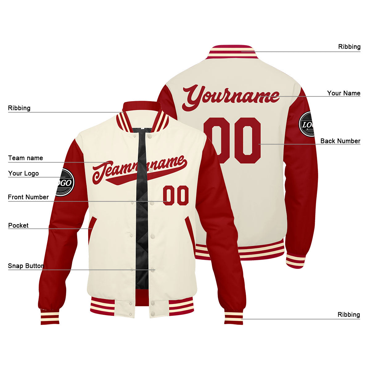Chaqueta universitaria personalizada estilo Letterman para hombres-mujeres y jóvenes-color rojo crema