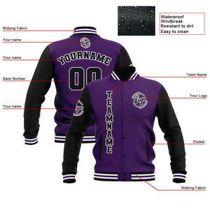Chaquetas universitarias impermeables personalizadas en negro-morado y blanco con nombre-número y logotipo bordados