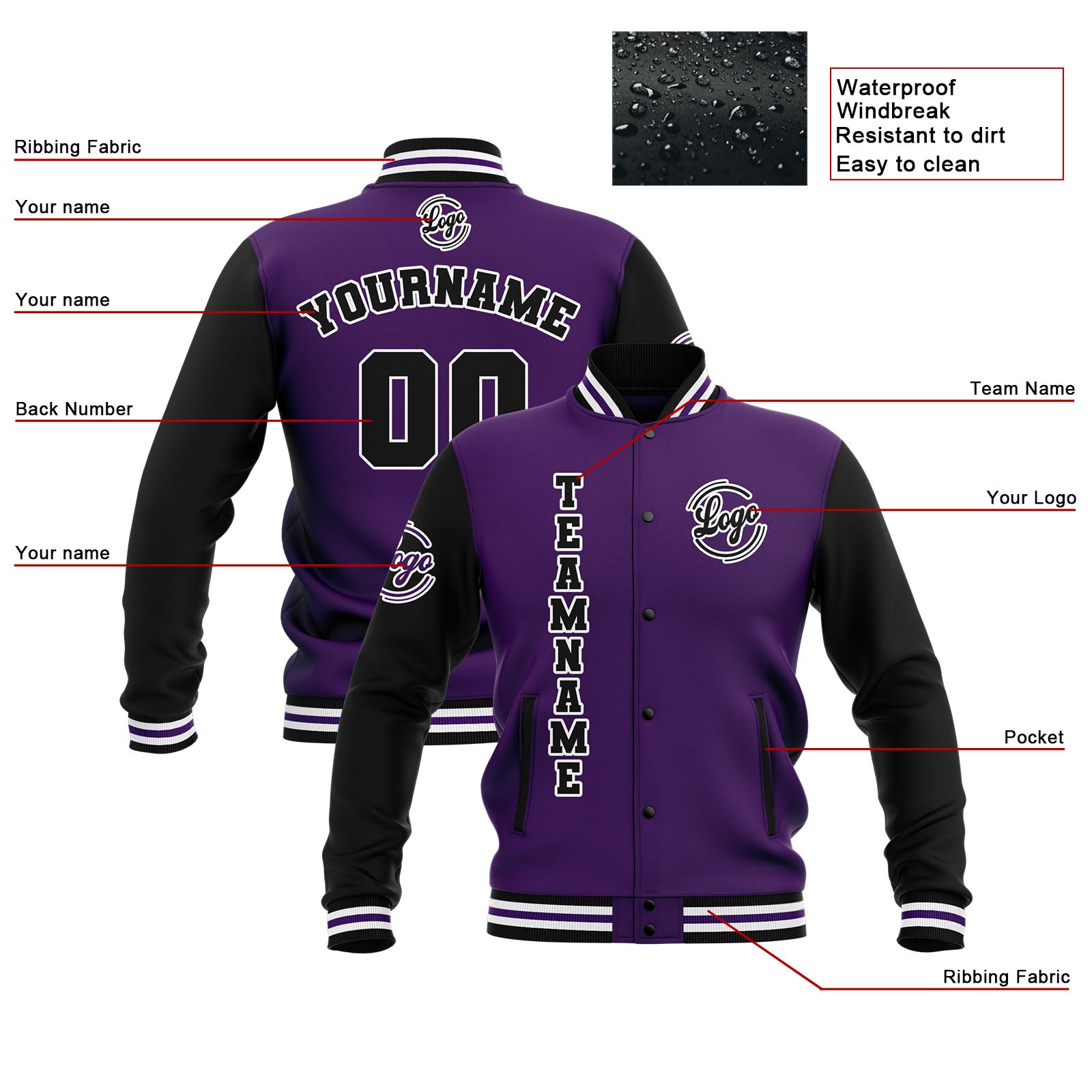 Chaquetas universitarias impermeables personalizadas en negro-morado y blanco con nombre-número y logotipo bordados