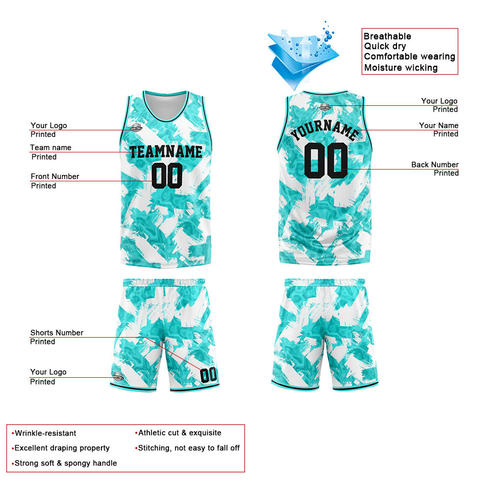 Uniforme de baloncesto personalizado en color blanco aguamarina con tu logotipo-nombre y número impresos