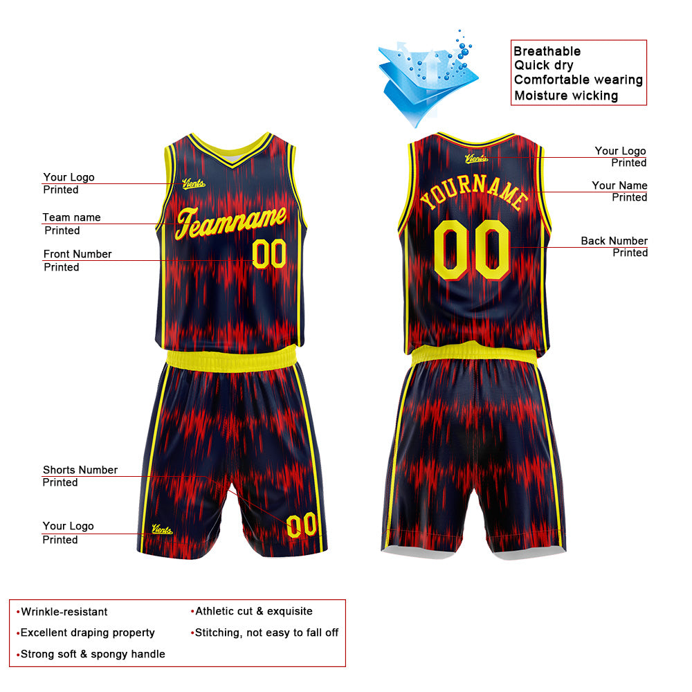 Uniforme de baloncesto azul marino personalizado con diseño de onda acústica-impreso con su logotipo-nombre y número