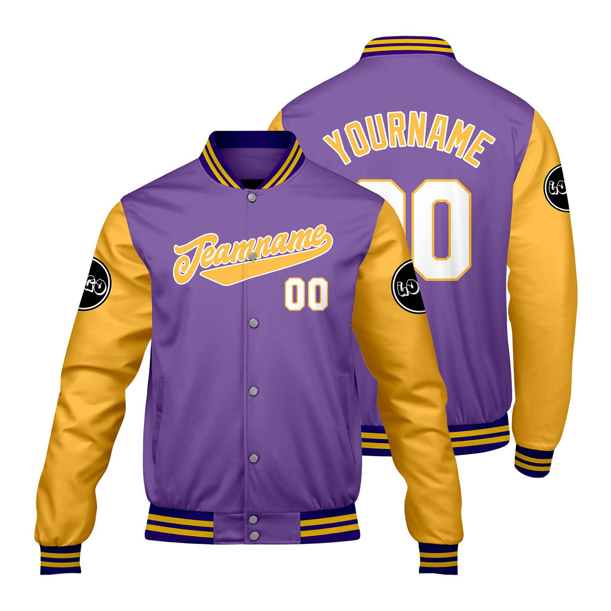 Chaquetas universitarias personalizadas en color morado y amarillo para hombres & mujeres y jóvenes & Chaquetas estilo Letterman personalizadas