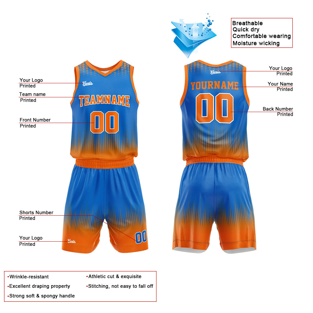 Uniforme de baloncesto personalizado azul y naranja con tu logotipo-nombre y número impresos