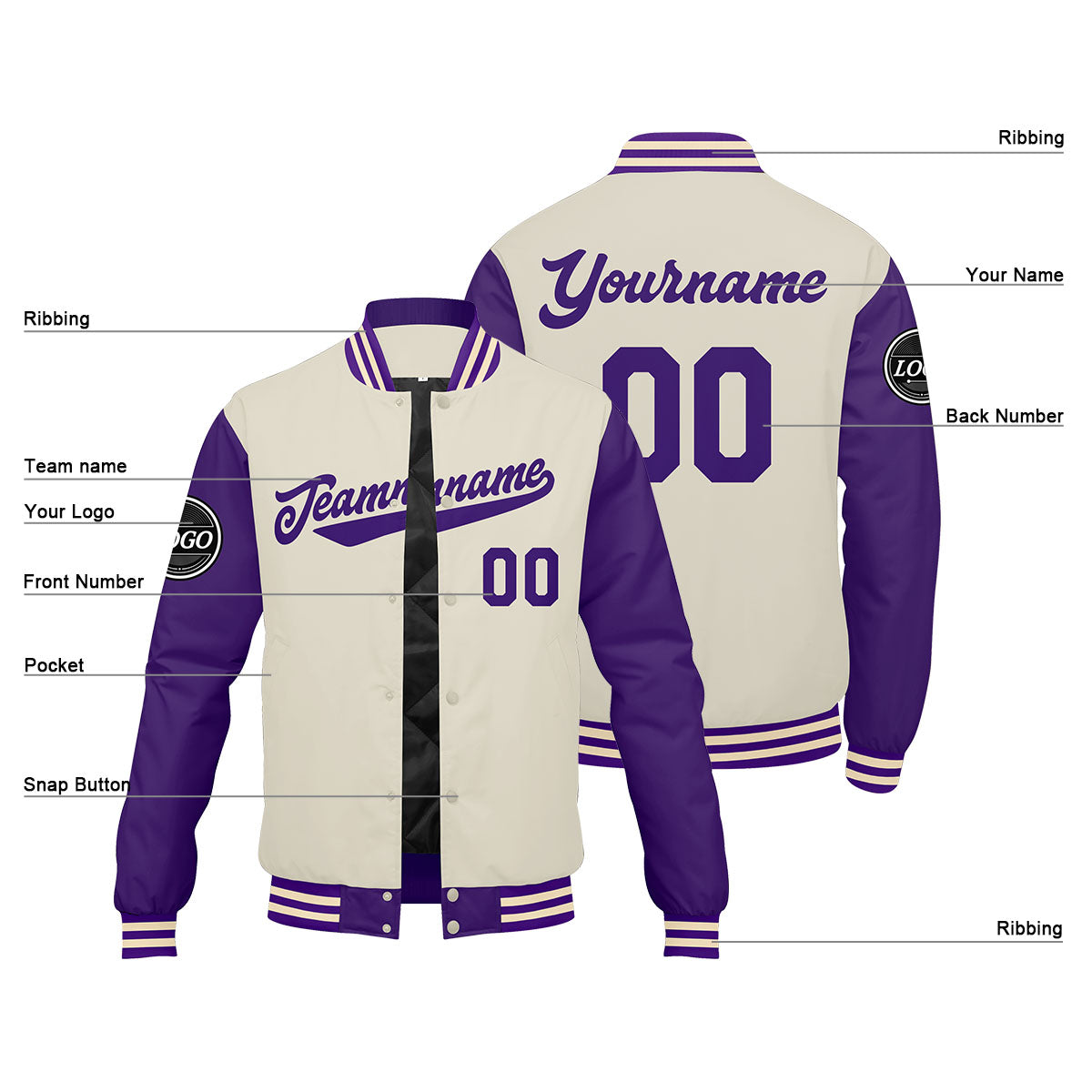 Chaqueta universitaria personalizada estilo Letterman para hombres-mujeres y jóvenes-color morado y crema