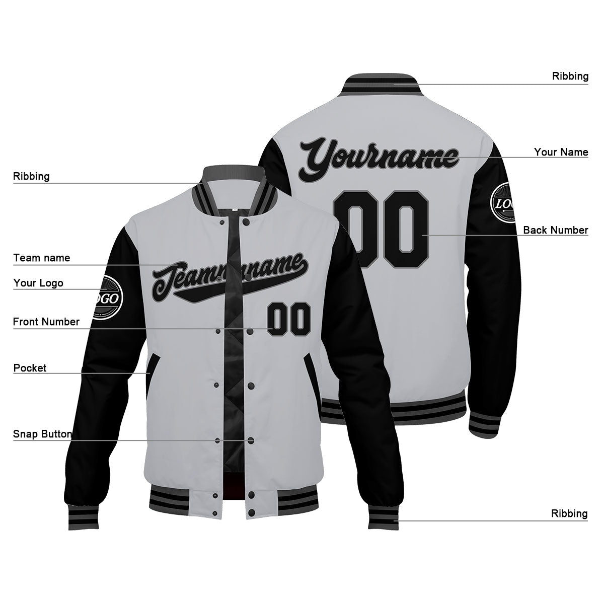Chaqueta universitaria personalizada estilo Letterman para hombres-mujeres y jóvenes-color gris y negro