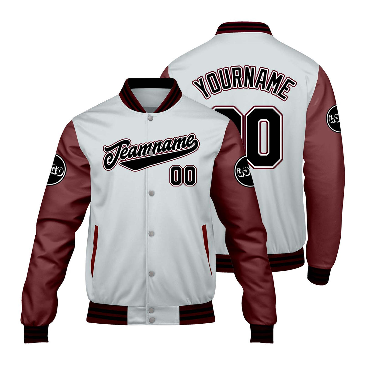 Chaquetas universitarias personalizadas en gris claro y rojo para hombres & mujeres y jóvenes & Chaquetas Letterman personalizadas