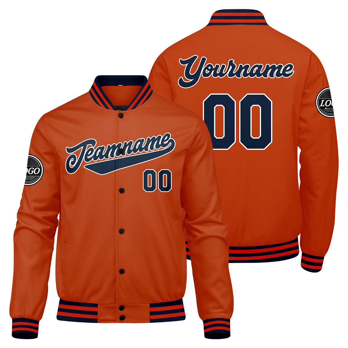 Chaqueta universitaria personalizada estilo Letterman para hombres-mujeres y jóvenes-color azul marino y naranja