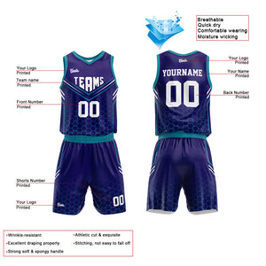 Uniforme de baloncesto personalizado en color morado y verde azulado con tu logotipo-nombre y número impresos