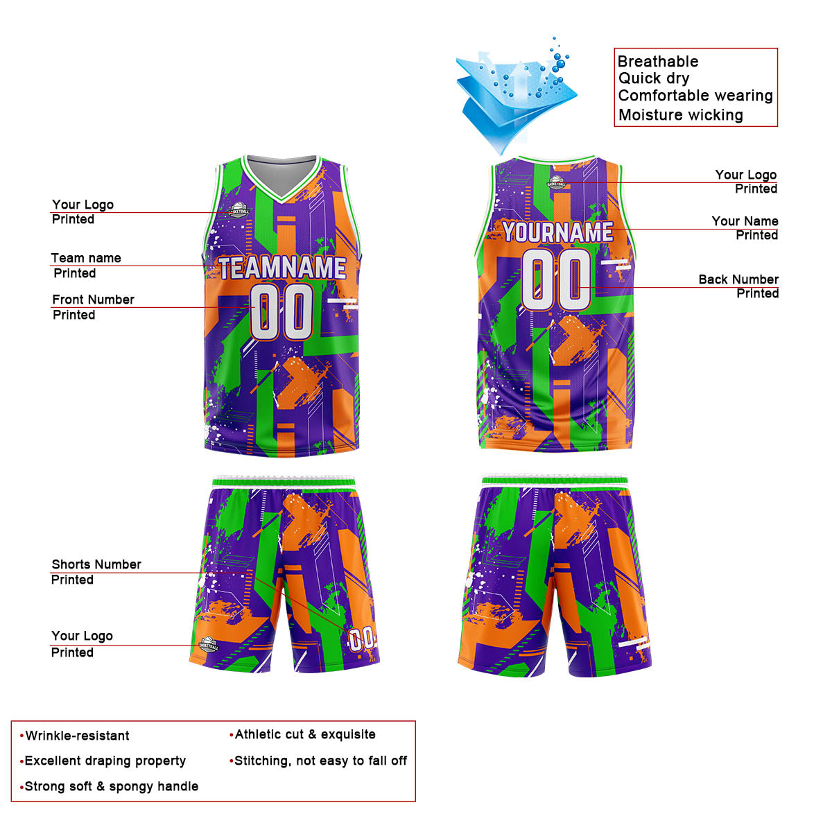 Uniforme de baloncesto personalizado de geometría púrpura y naranja con tu logotipo-nombre y número impresos