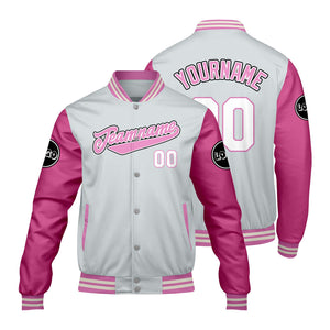 Chaquetas universitarias personalizadas en gris claro y rosa para hombres & mujeres y jóvenes & Chaquetas Letterman personalizadas