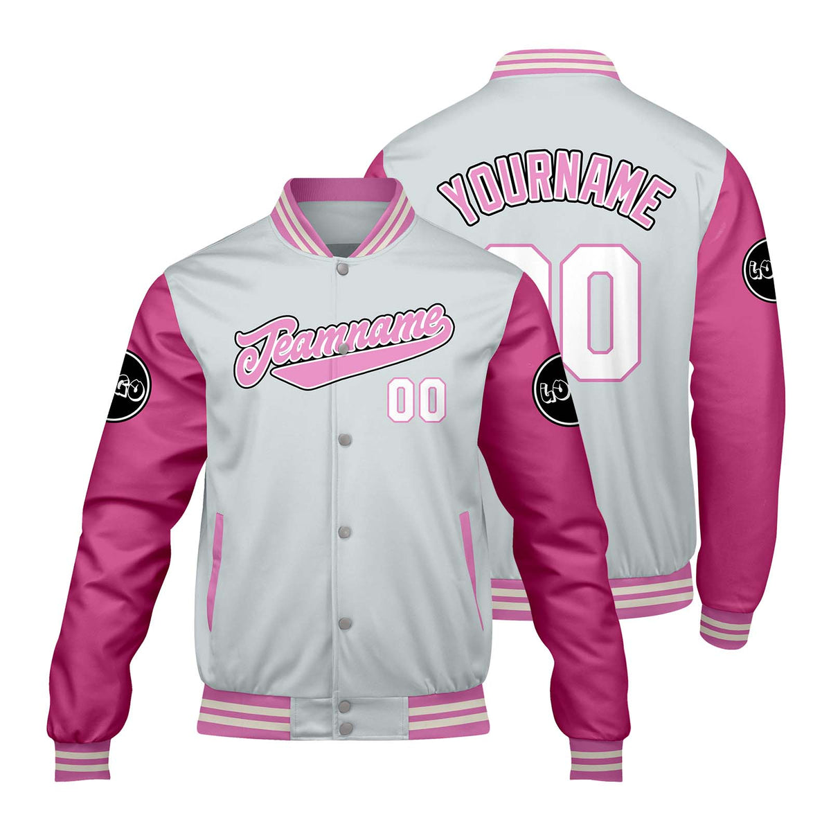 Chaquetas universitarias personalizadas en gris claro y rosa para hombres & mujeres y jóvenes & Chaquetas Letterman personalizadas
