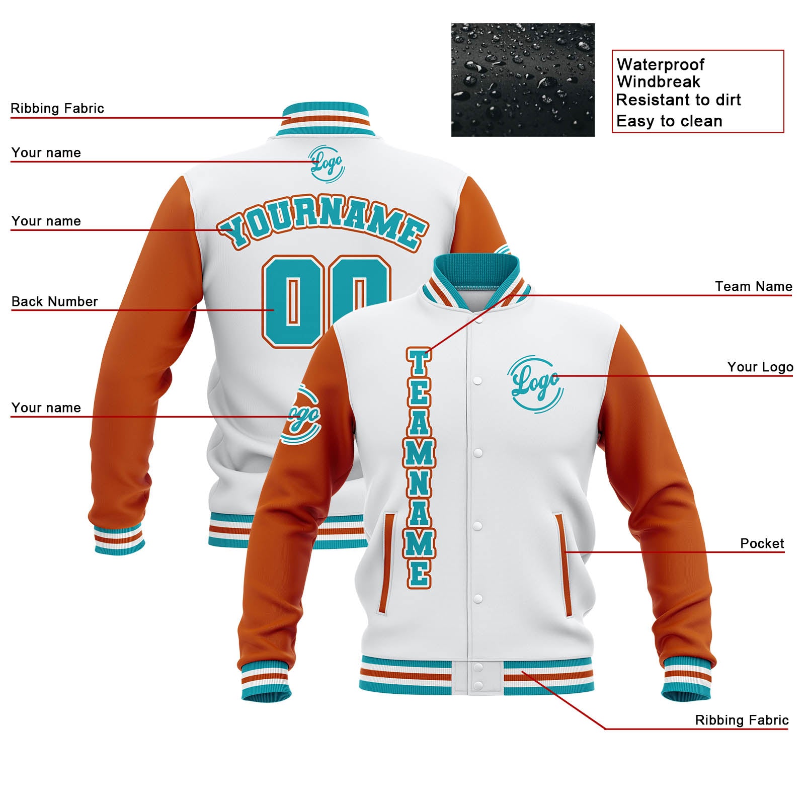 Chaquetas universitarias impermeables personalizadas en blanco-naranja y verde azulado con nombre-número y logotipo bordados