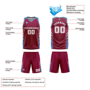 Traje de baloncesto reversible personalizado en burdeos-blanco y azul para adultos y niños