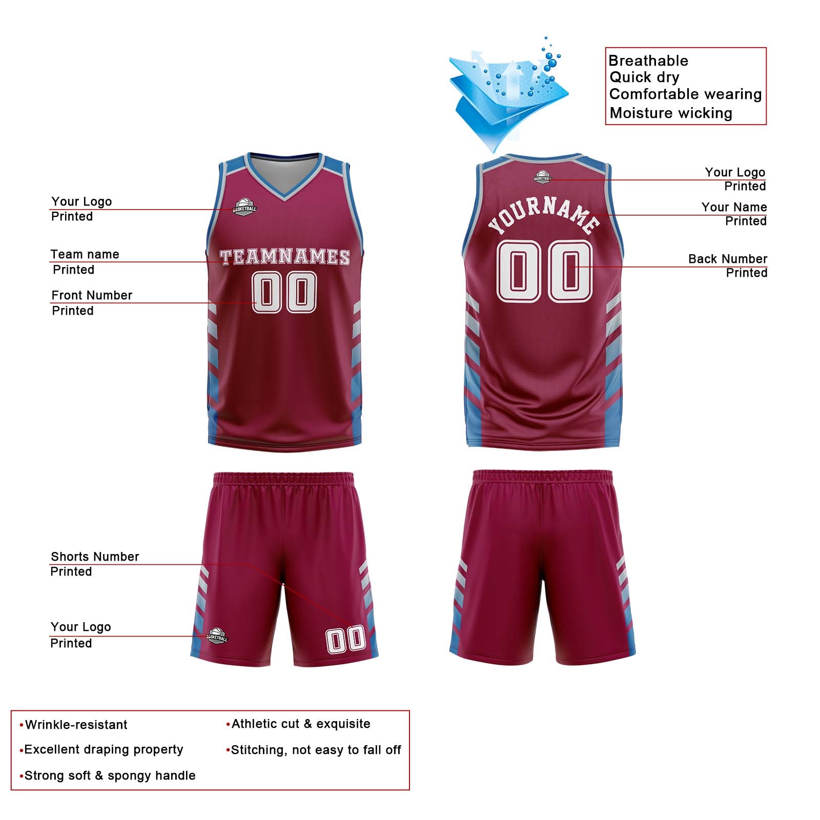 Traje de baloncesto reversible personalizado en burdeos-blanco y azul para adultos y niños