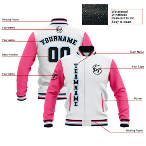 Chaquetas universitarias impermeables personalizadas en blanco-rosa y negro con nombre-número y logotipo bordados