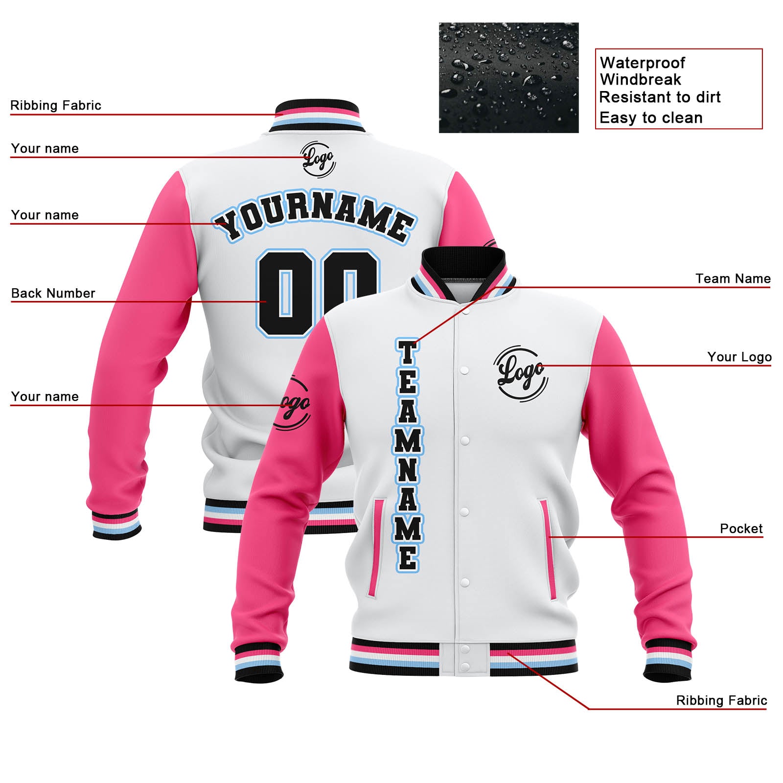 Chaquetas universitarias impermeables personalizadas en blanco-rosa y negro con nombre-número y logotipo bordados