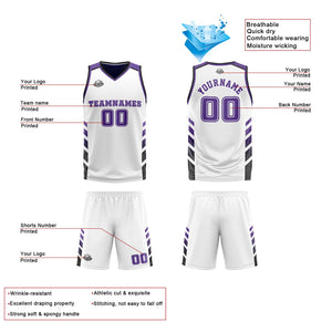 Traje de baloncesto reversible personalizado blanco-morado y negro para adultos y niños