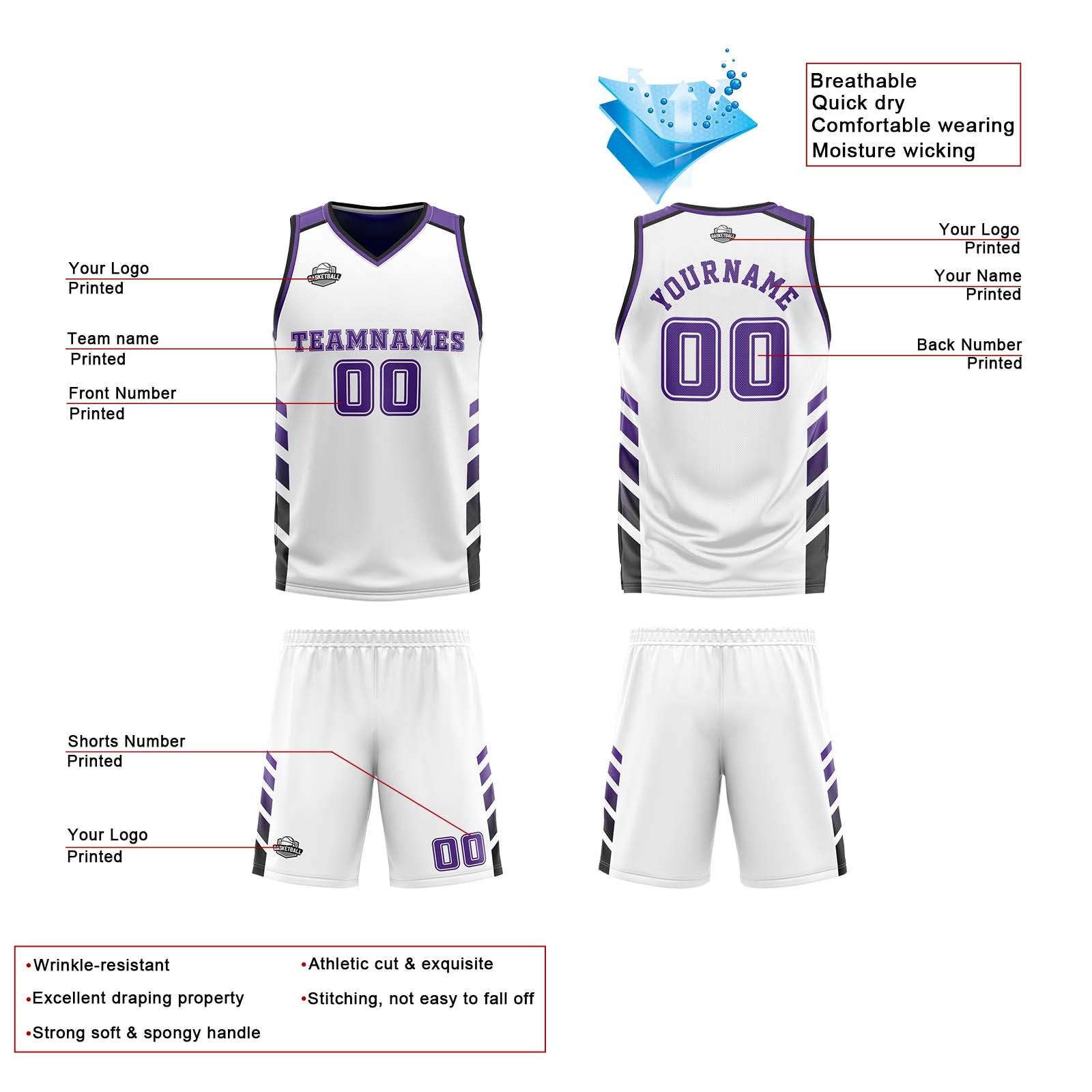 Traje de baloncesto reversible personalizado blanco-morado y negro para adultos y niños