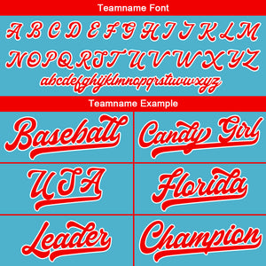 Camiseta de béisbol personalizada con diseño bordado & estilo hip hop & color azul claro-rojo