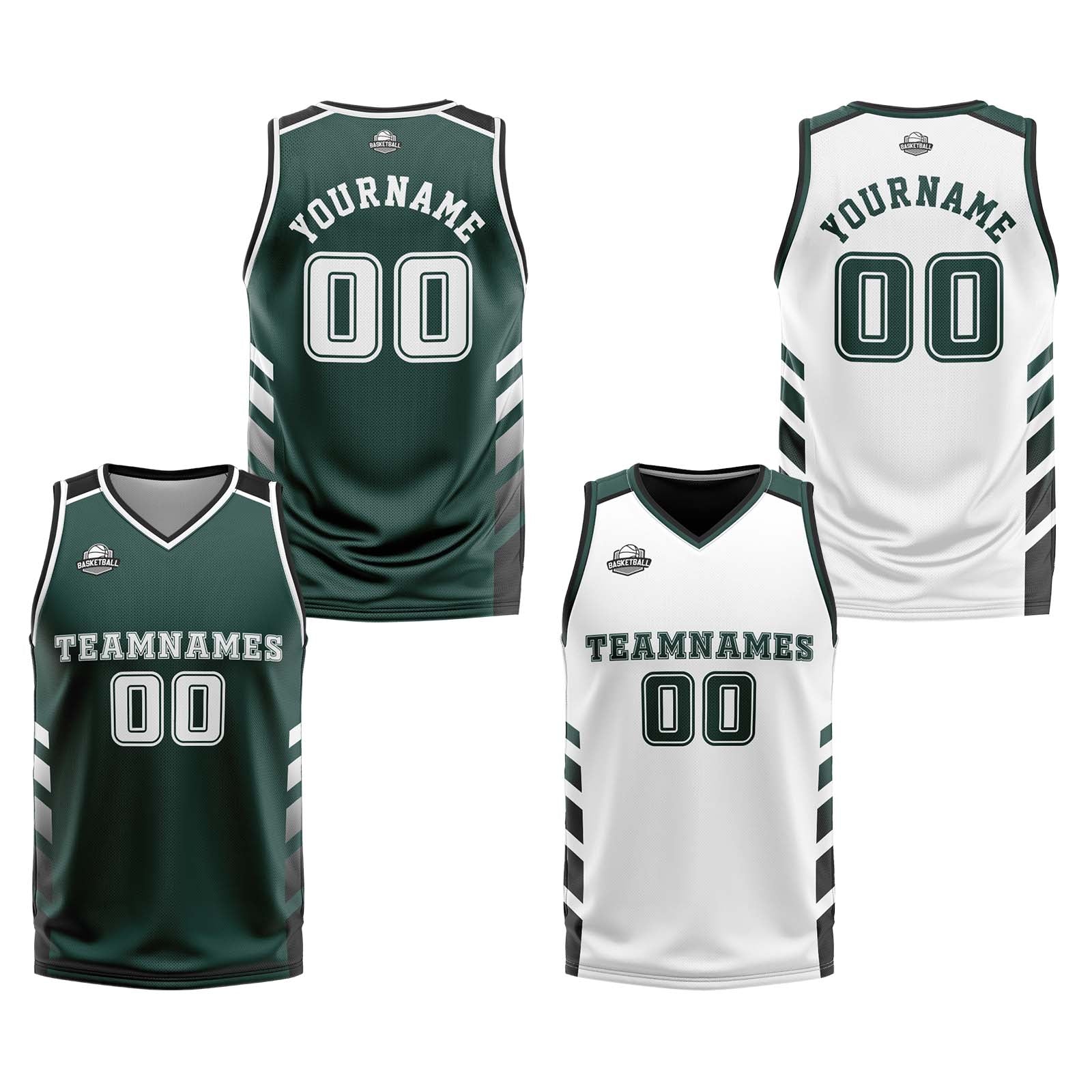 Traje de baloncesto reversible personalizado en verde oscuro-blanco y negro para adultos y niños