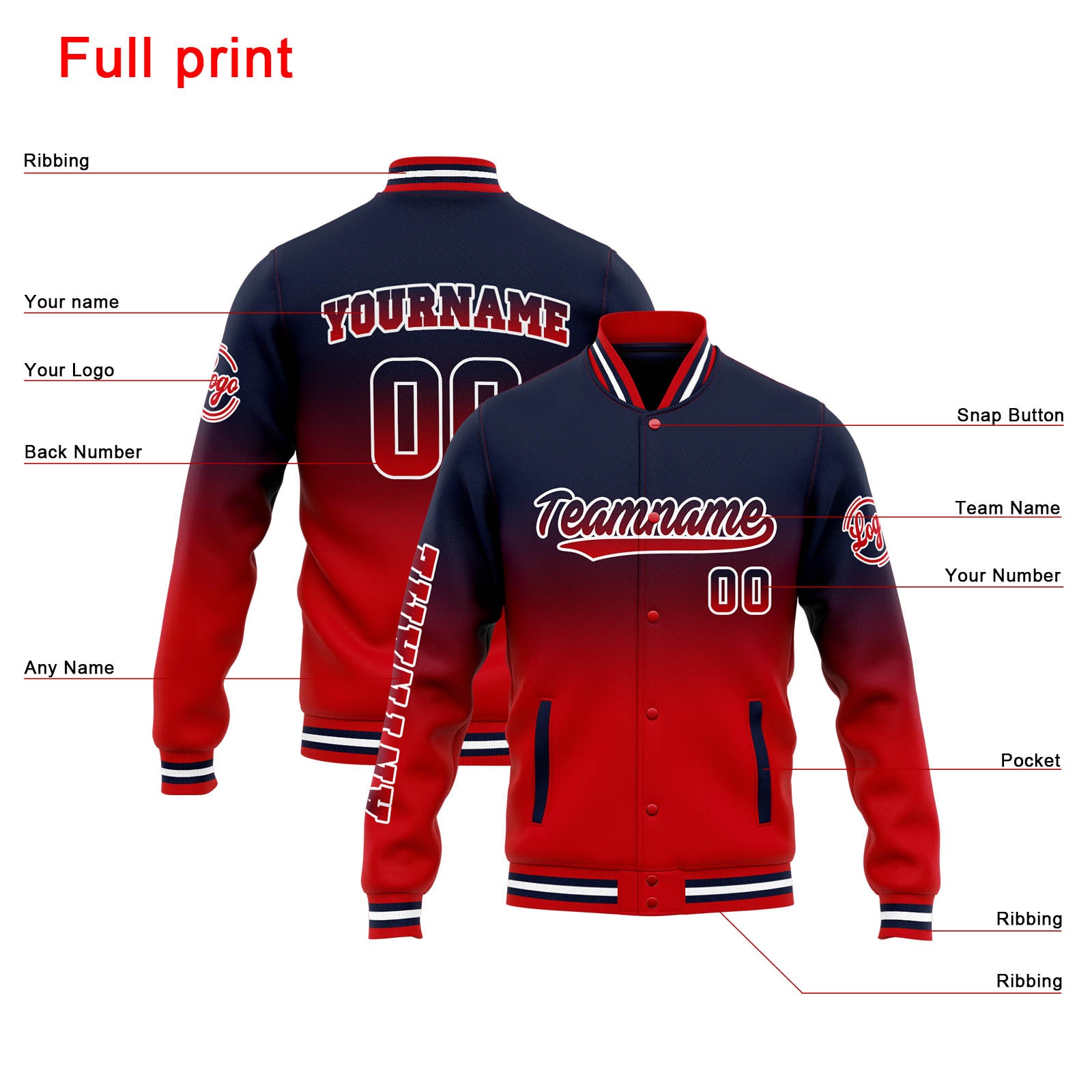 Chaqueta universitaria personalizada estilo Letterman para hombres-mujeres y jóvenes-color azul marino con degradado rojo