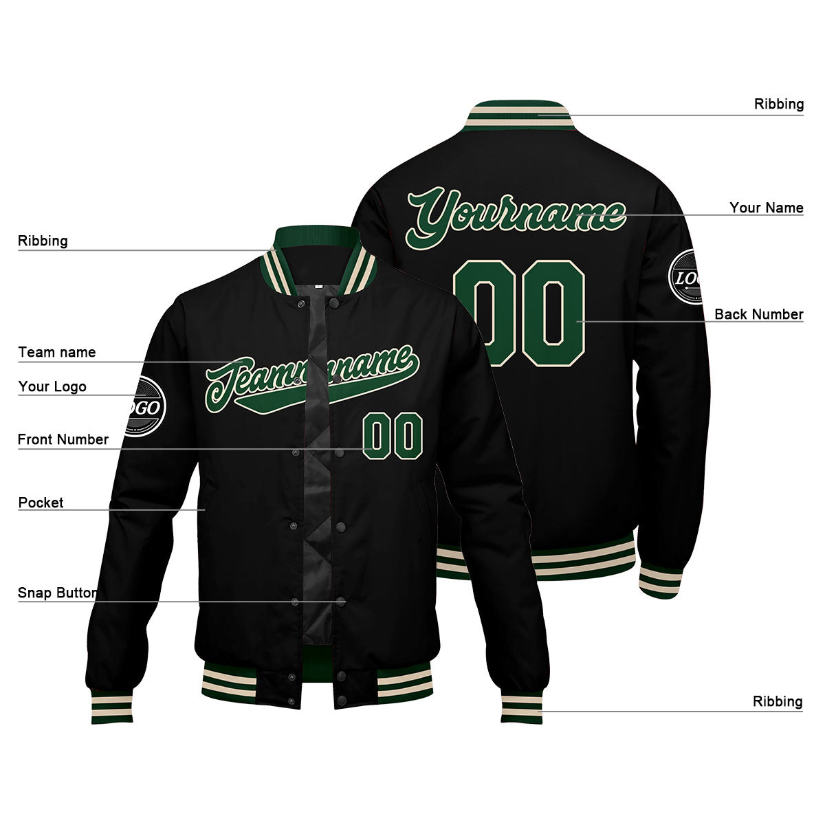 Chaqueta universitaria personalizada estilo Letterman para hombres-mujeres y jóvenes-color verde oscuro-negro y crema
