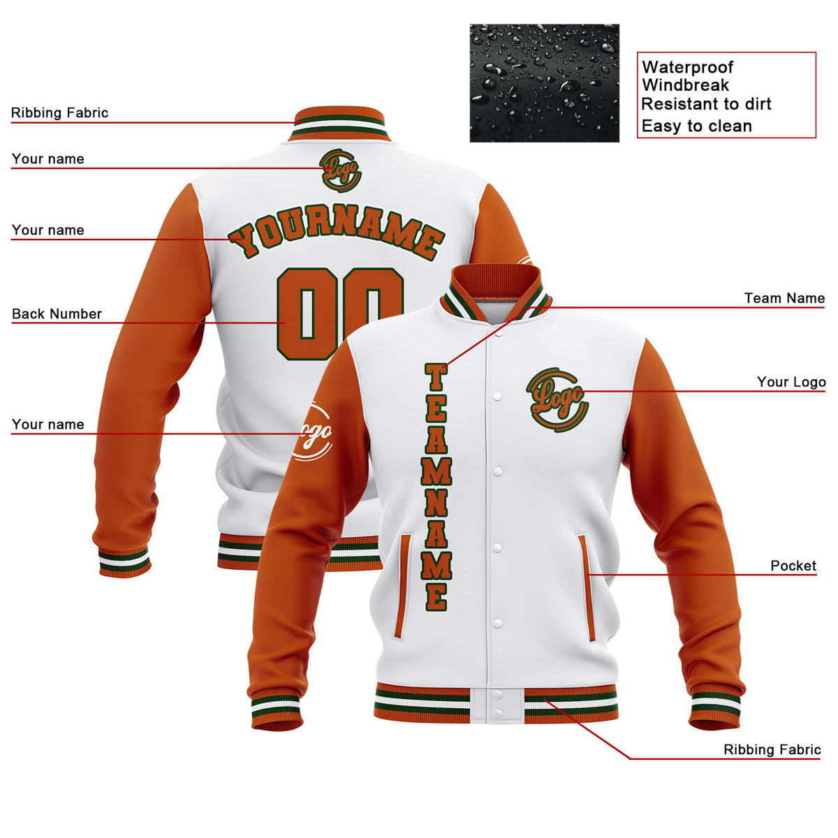 Chaquetas universitarias impermeables blancas y naranjas personalizadas con nombre-número y logotipo bordados