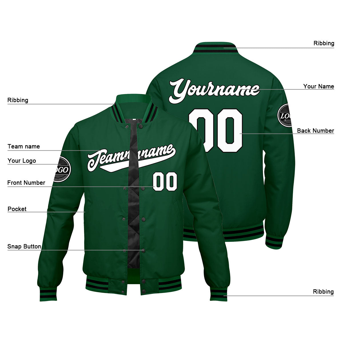 Chaqueta universitaria personalizada estilo Letterman para hombres-mujeres y jóvenes en verde-negro y blanco