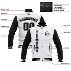 Chaquetas universitarias impermeables personalizadas en blanco y negro con nombre-número y logotipo bordados a medida