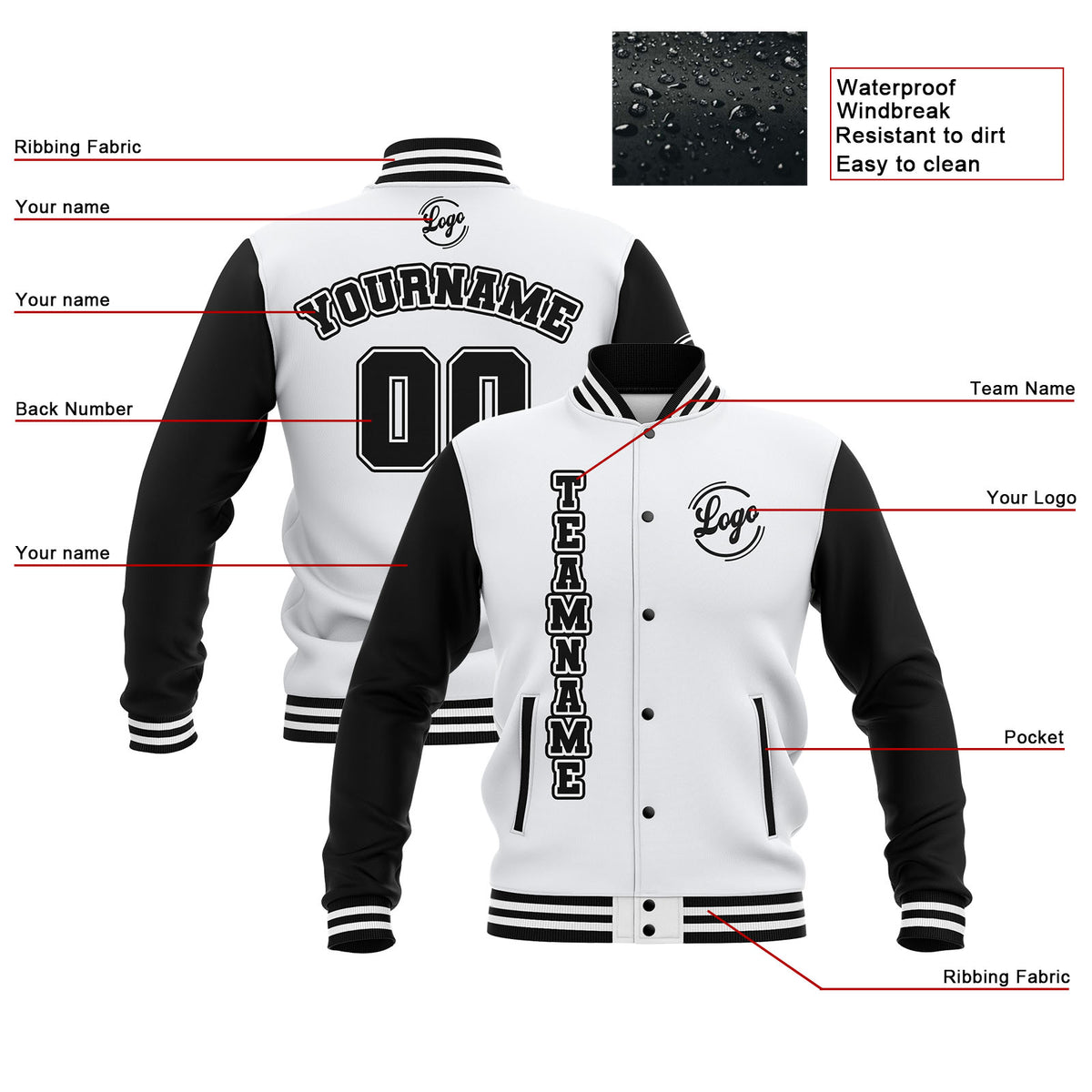 Chaquetas universitarias impermeables personalizadas en blanco y negro con nombre-número y logotipo bordados a medida