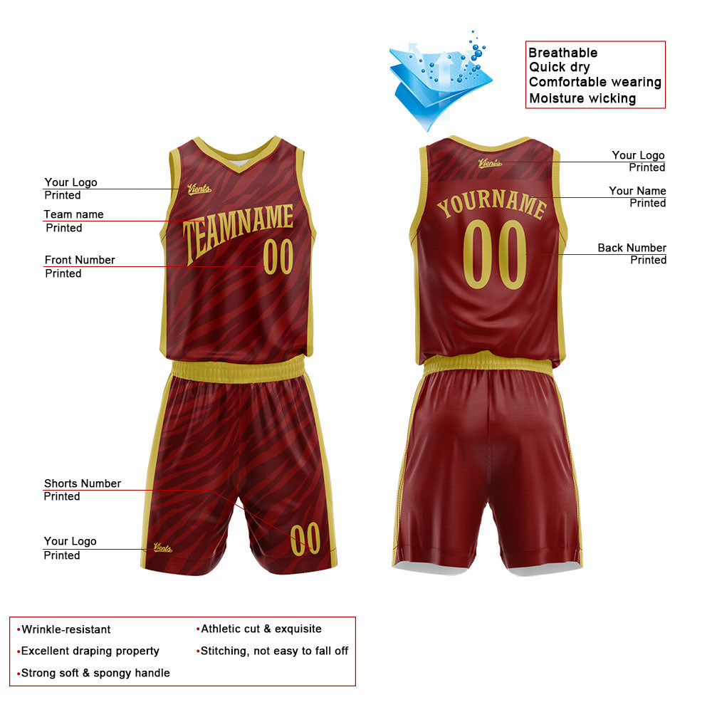 Uniforme de baloncesto personalizado color carmesí con tu logotipo-nombre y número impresos