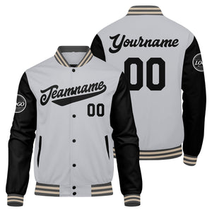 Chaqueta universitaria personalizada estilo Letterman para hombres-mujeres y jóvenes en color gris-negro y crema