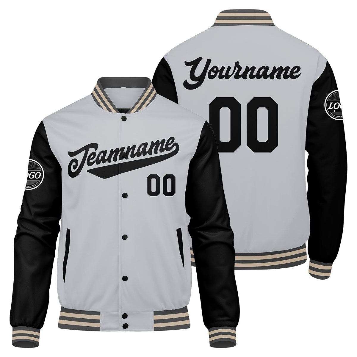 Chaqueta universitaria personalizada estilo Letterman para hombres-mujeres y jóvenes en color gris-negro y crema