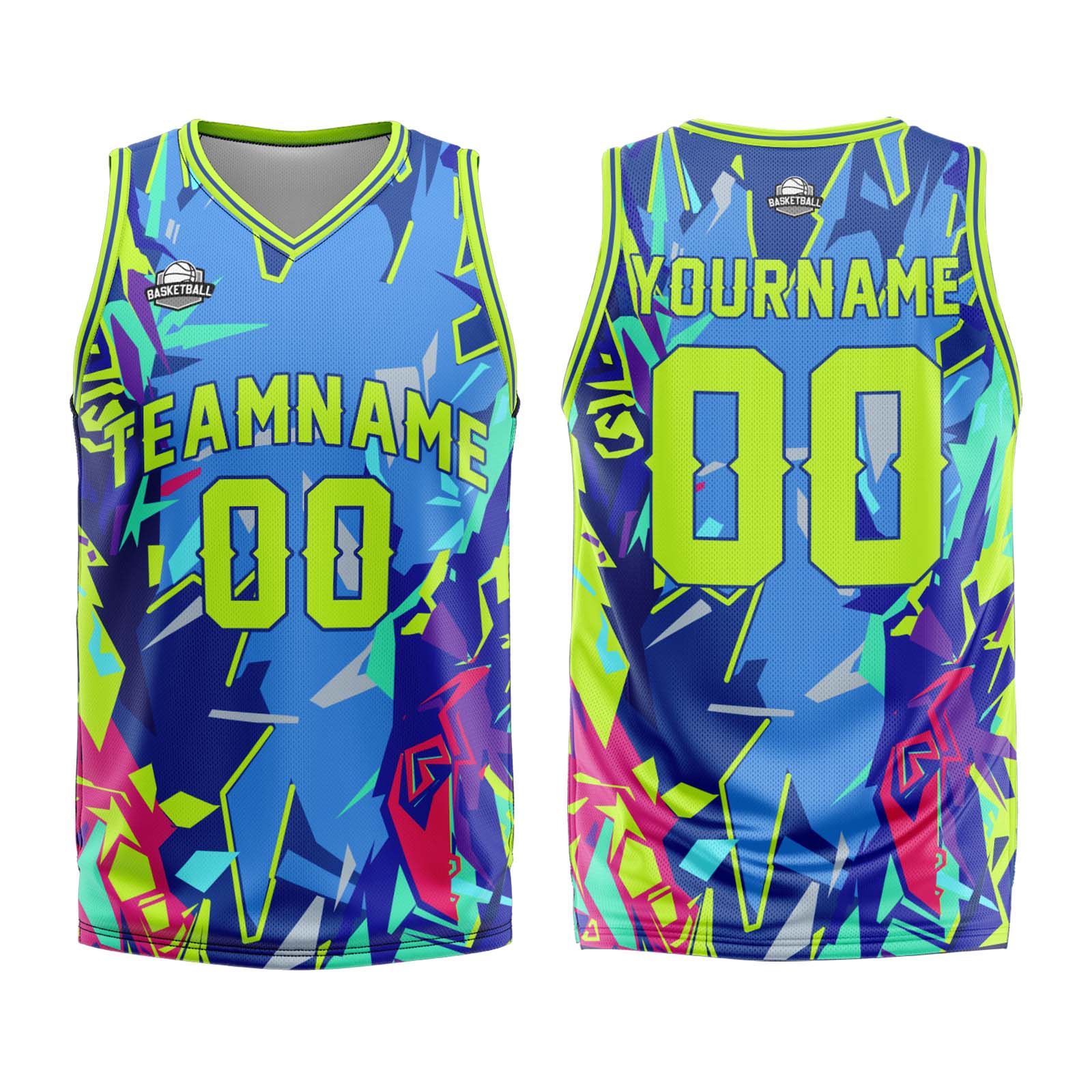 Uniforme de baloncesto personalizado de color verde neón roto con tu logotipo-nombre y número impresos