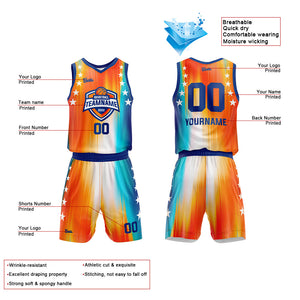 Uniforme de baloncesto personalizado de color naranja arcoíris y azul con tu logotipo-nombre y número impresos