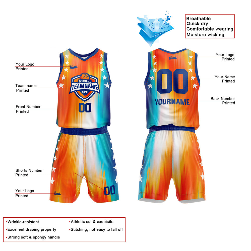 Uniforme de baloncesto personalizado de color naranja arcoíris y azul con tu logotipo-nombre y número impresos